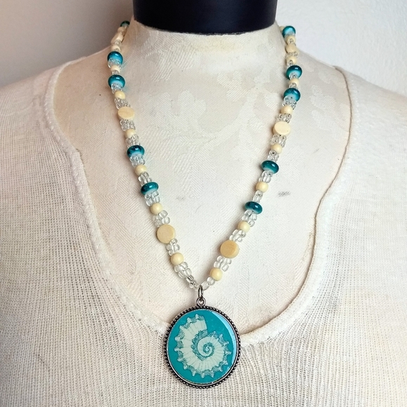 Subtle Delights Jewelry - Piece #111 "Hear the Sea" Teal Handmade Sea Shell, Wood & Glass Jewelry Set